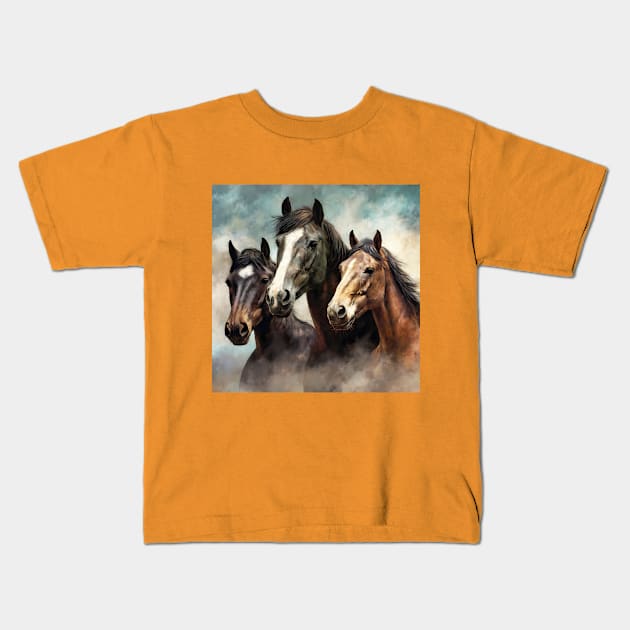 Painted picture of three horses Kids T-Shirt by KOTYA
